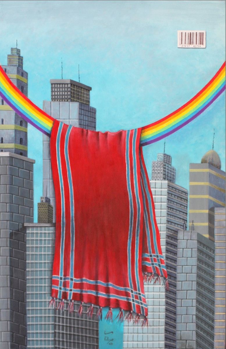 A rainbow carries a red carpet above a city, painted by Nozar Azadi