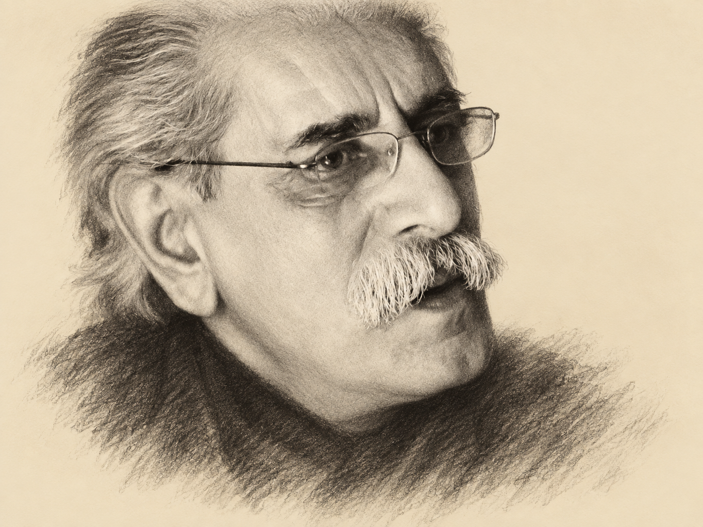 Charcoal-style portrait of Nozar Azadi, adapted from the family photograph